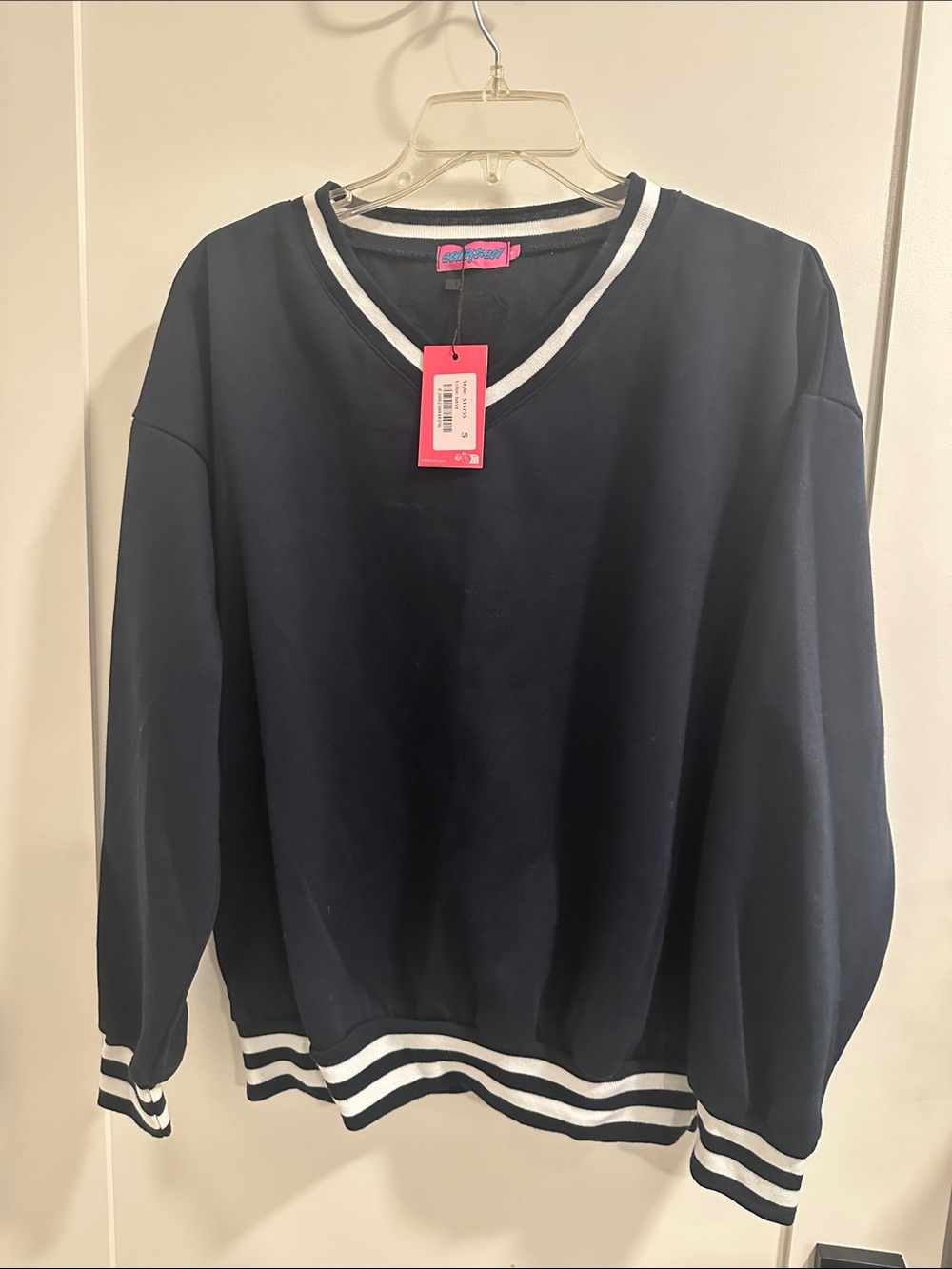 Edikted Navy V-Neck Sweater with White Striped Trim